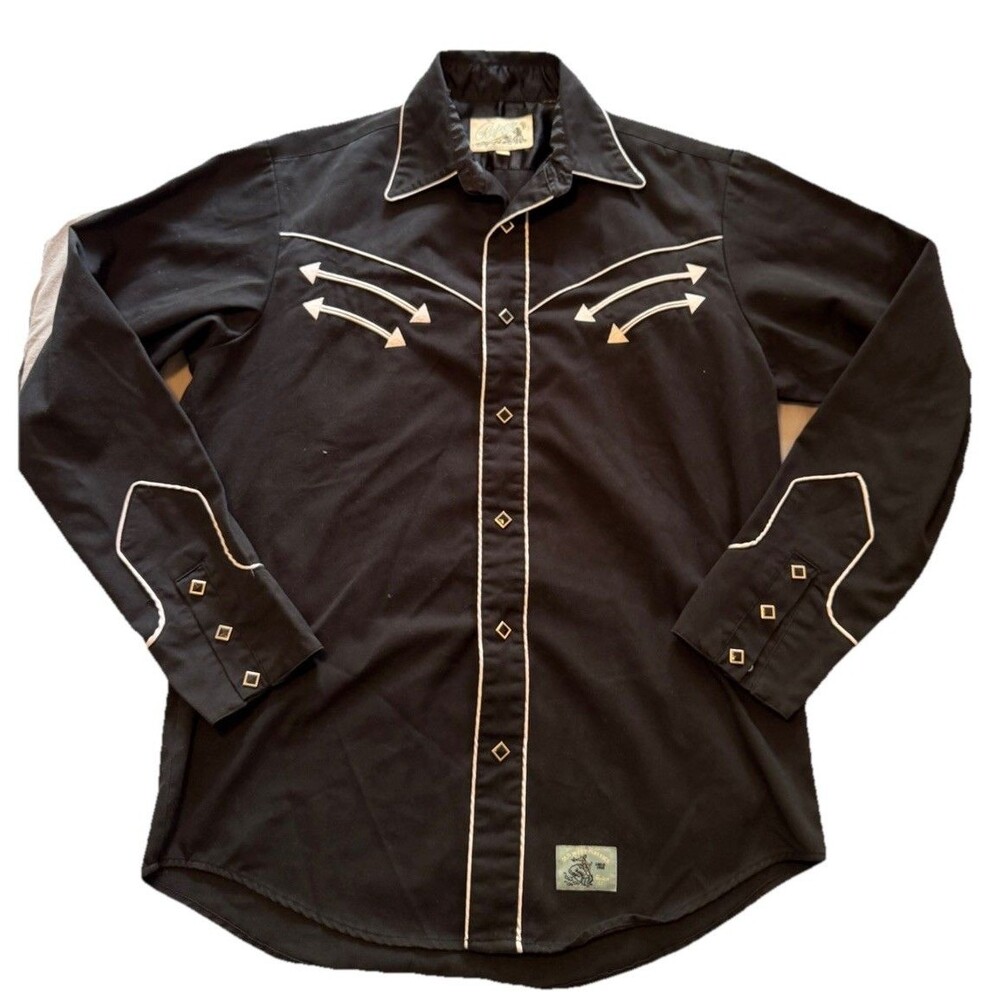 Roper Mens M Western Shirt Black Diamond Snap Arrow Embroidered Retro Cowboy